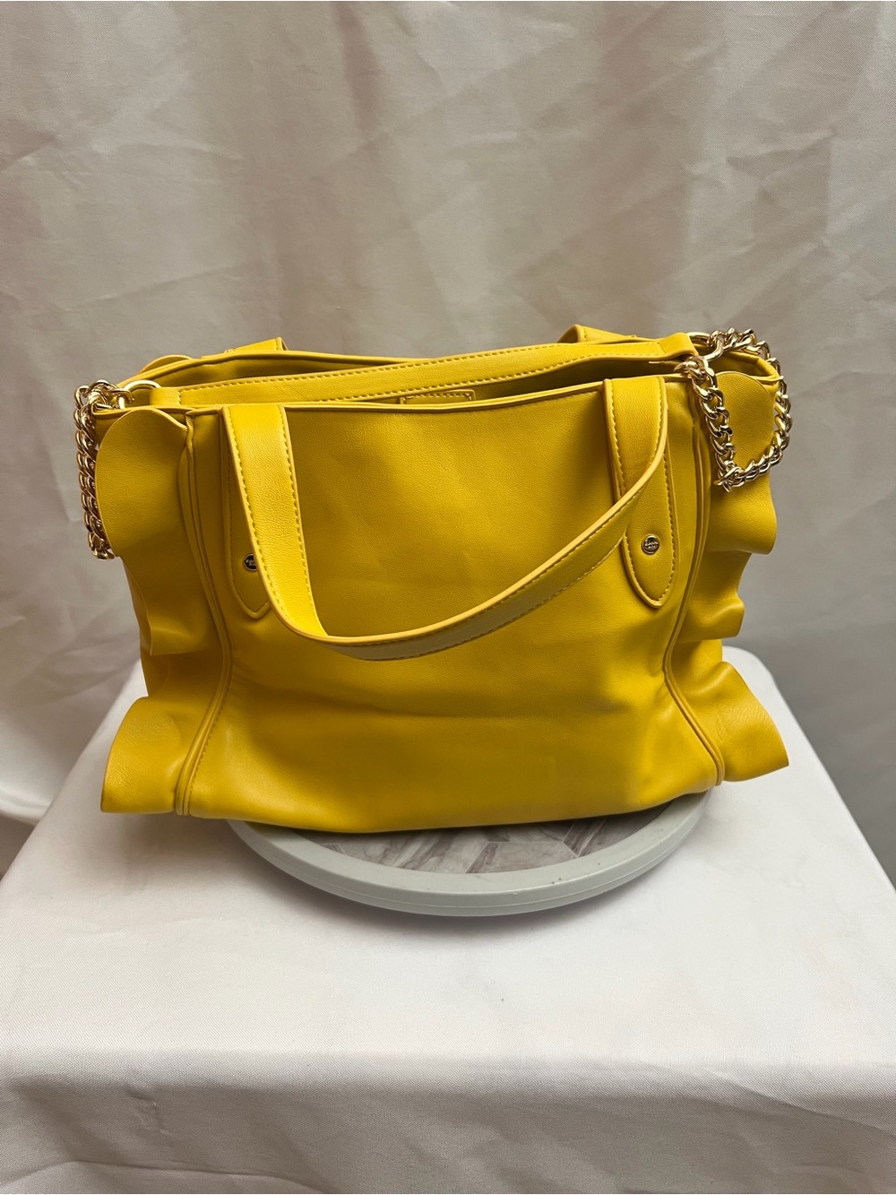 Gianni Bini Yellow Ruffle Tote Shoulder Bag Gold Chain Detail